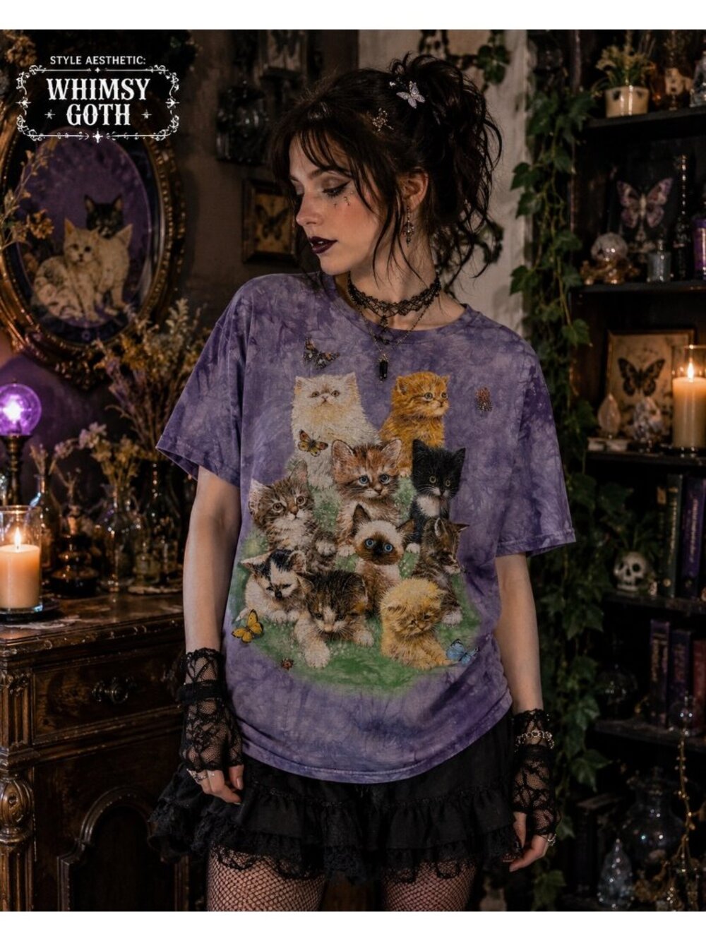 The Mountain Kitten Graphic Tie Dye T-Shirt Purple 100% Cotton Size M Cat Tee US